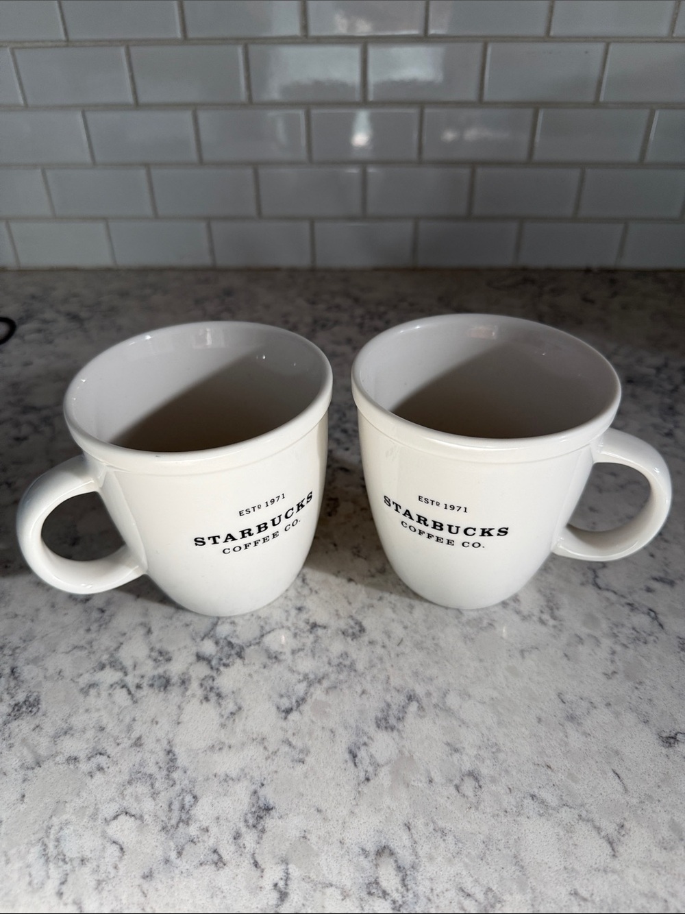 Pair of 2001 Starbucks White Abbey Barista Mugs